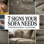 A professional grid infographic showing 7 signs a sofa needs deep cleaning, including stains, pet hair, odors, fabric wear, and allergen buildup