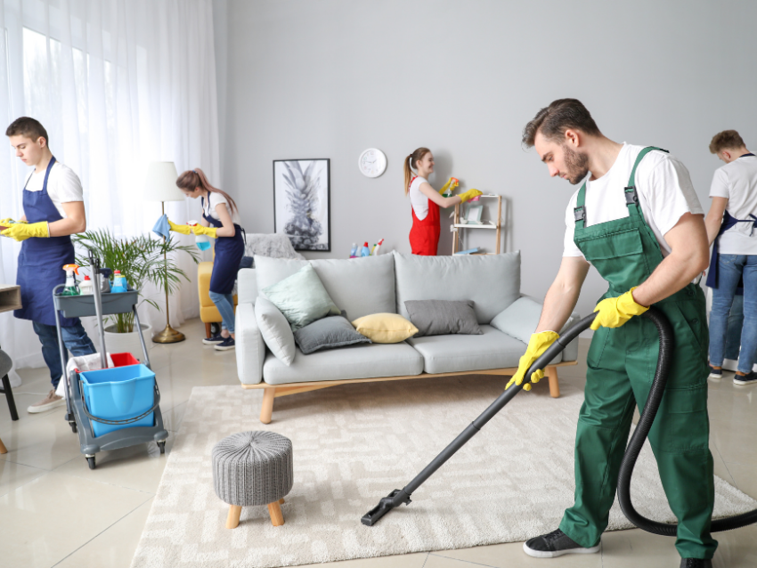 Professional homecare experts deep cleaning a living room by vacuuming rugs and cleaning furniture.