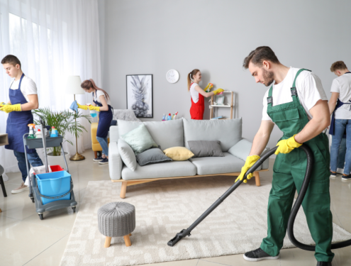 Professional homecare experts deep cleaning a living room by vacuuming rugs and cleaning furniture.