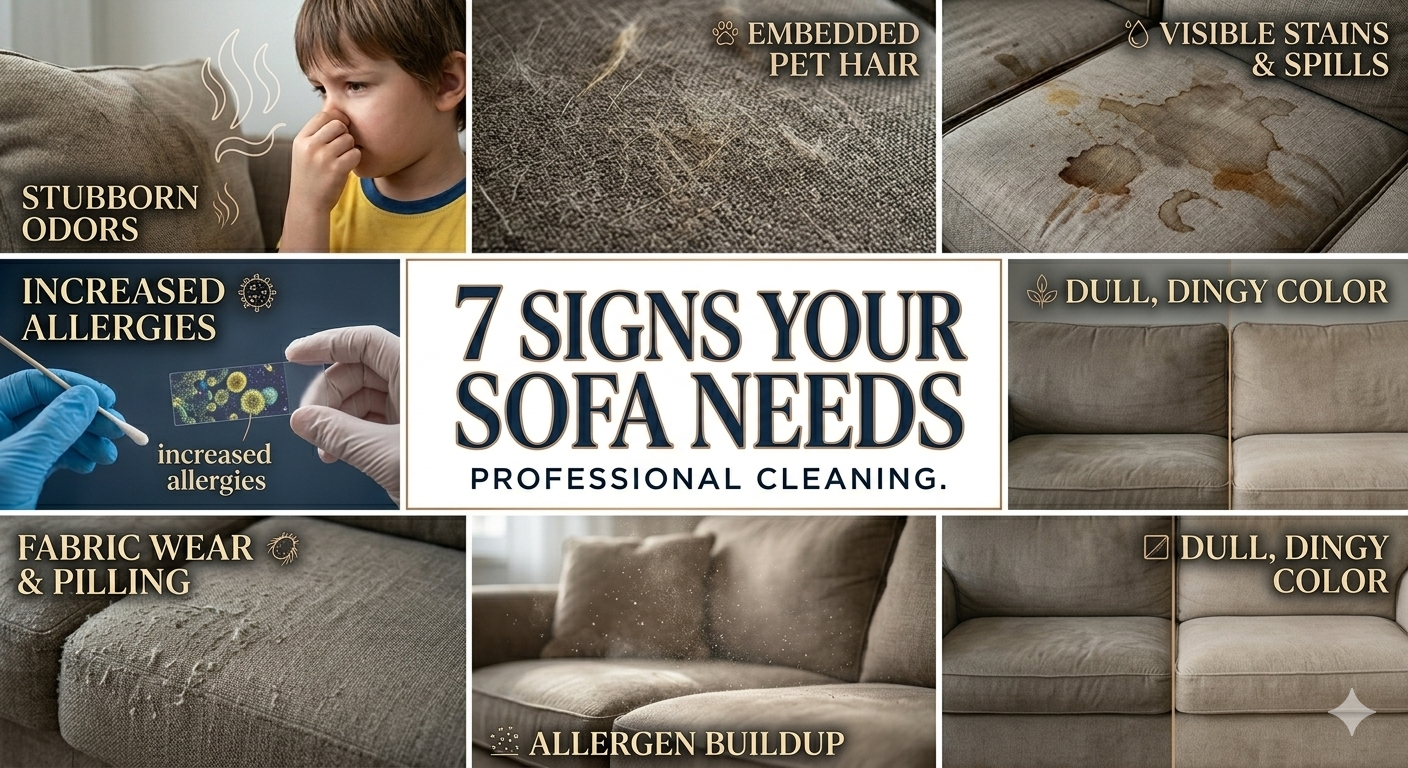 A professional grid infographic showing 7 signs a sofa needs deep cleaning, including stains, pet hair, odors, fabric wear, and allergen buildup
