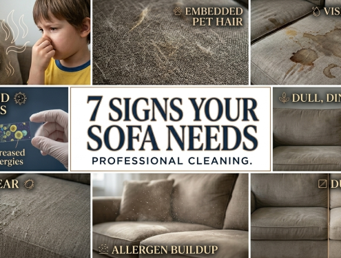 A professional grid infographic showing 7 signs a sofa needs deep cleaning, including stains, pet hair, odors, fabric wear, and allergen buildup