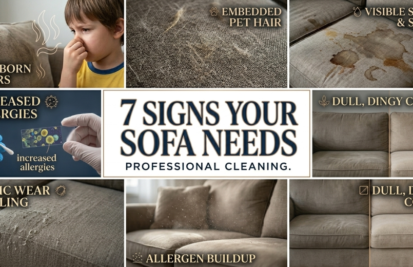 A professional grid infographic showing 7 signs a sofa needs deep cleaning, including stains, pet hair, odors, fabric wear, and allergen buildup